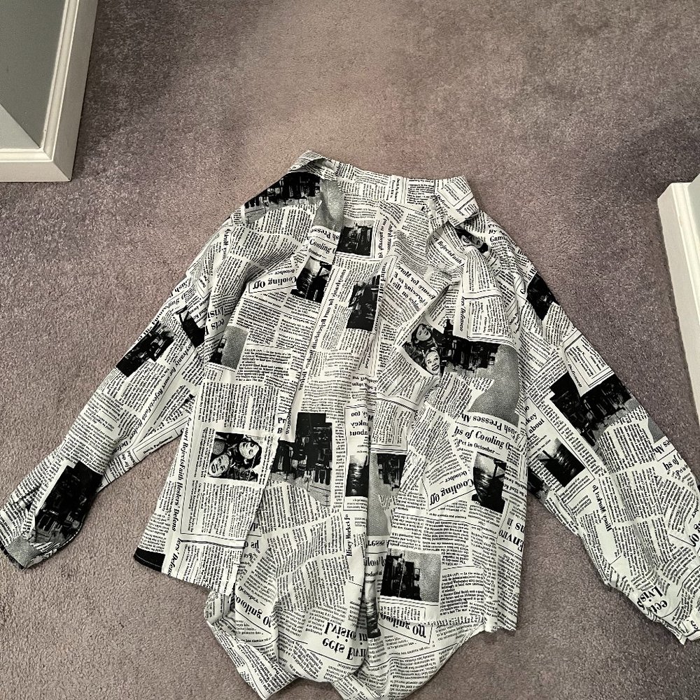 Black and White Long Sleeve Button Down Shirt with Newspaper Graphics